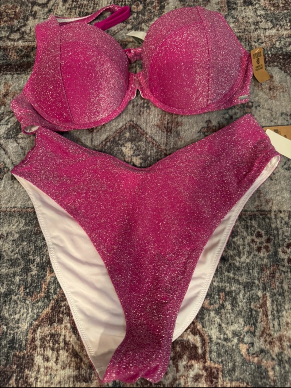 Women's Sparkle Pink Bikini Set large top small bottom